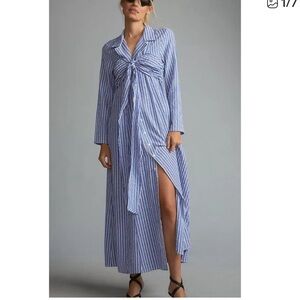 Anthropologie Porridge Tie-Front Shirt Dress Parisian Blue Striped Maxi Size L